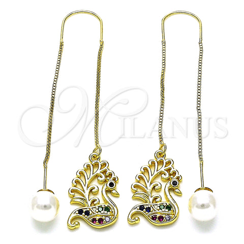 Oro Laminado Threader Earring, Gold Filled Style Swan Design, with Multicolor and Black Micro Pave, Polished, Golden Finish, 02.210.0816.1