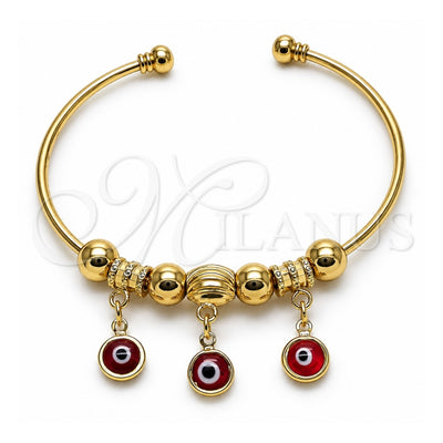 Oro Laminado Individual Bangle, Gold Filled Style Evil Eye Design, with Garnet Crystal, Polished, Golden Finish, 07.93.0012 (02 MM Thickness, One size fits all)