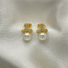 Oro Laminado Stud Earring, Gold Filled Style with White Micro Pave and Ivory Pearl, Polished, Golden Finish, 02.344.0135