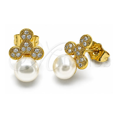 Oro Laminado Stud Earring, Gold Filled Style with White Micro Pave and Ivory Pearl, Polished, Golden Finish, 02.344.0135