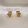 Oro Laminado Stud Earring, Gold Filled Style Heart Design, with White Micro Pave, Polished, Golden Finish, 02.344.0153