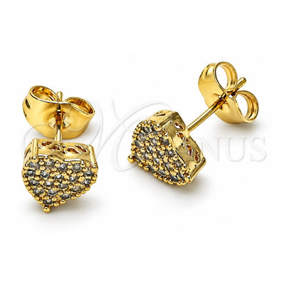 Oro Laminado Stud Earring, Gold Filled Style Heart Design, with White Micro Pave, Polished, Golden Finish, 02.344.0153