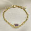 Oro Laminado Fancy Bracelet, Gold Filled Style Miami Cuban Design, with Amethyst Cubic Zirconia and White Micro Pave, Polished, Golden Finish, 03.213.0164.4.07 (03 MM Thickness, 7 Inches Length)