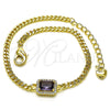 Oro Laminado Fancy Bracelet, Gold Filled Style Miami Cuban Design, with Amethyst Cubic Zirconia and White Micro Pave, Polished, Golden Finish, 03.213.0164.4.07 (03 MM Thickness, 7 Inches Length)