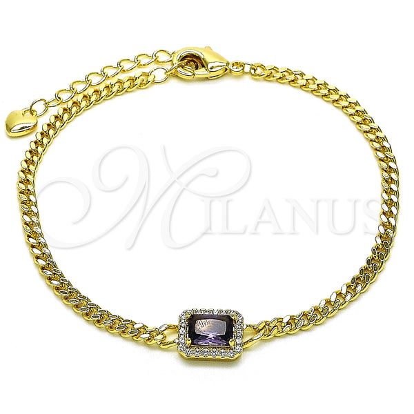 Oro Laminado Fancy Bracelet, Gold Filled Style Miami Cuban Design, with Amethyst Cubic Zirconia and White Micro Pave, Polished, Golden Finish, 03.213.0164.4.07 (03 MM Thickness, 7 Inches Length)