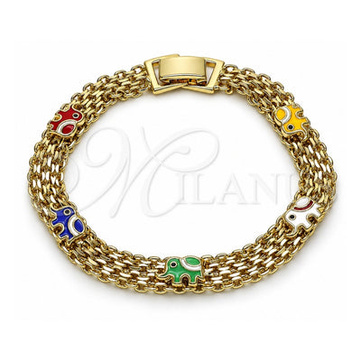 Oro Laminado Fancy Bracelet, Gold Filled Style Elephant and Bismark Design, Multicolor Enamel Finish, Golden Finish, 03.213.0156.1.07 (07 MM Thickness, 7 Inches Length)