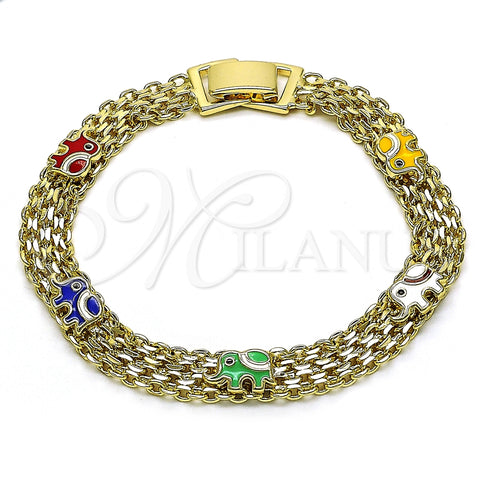 Oro Laminado Fancy Bracelet, Gold Filled Style Elephant and Bismark Design, Multicolor Enamel Finish, Golden Finish, 03.213.0156.1.07 (07 MM Thickness, 7 Inches Length)