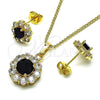 Oro Laminado Earring and Pendant Adult Set, Gold Filled Style Flower and Cluster Design, with Black and White Cubic Zirconia, Polished, Golden Finish, 10.199.0086.6