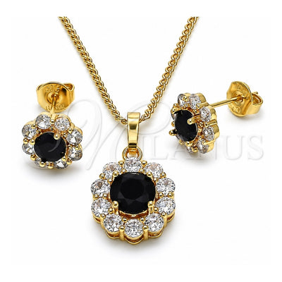 Oro Laminado Earring and Pendant Adult Set, Gold Filled Style Flower and Cluster Design, with Black and White Cubic Zirconia, Polished, Golden Finish, 10.199.0086.6