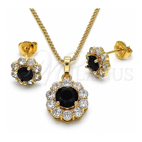 Oro Laminado Earring and Pendant Adult Set, Gold Filled Style Flower and Cluster Design, with Black and White Cubic Zirconia, Polished, Golden Finish, 10.199.0086.6