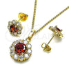 Oro Laminado Earring and Pendant Adult Set, Gold Filled Style Flower and Cluster Design, with Garnet and White Cubic Zirconia, Polished, Golden Finish, 10.199.0086.7