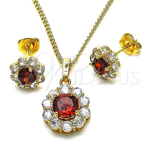 Oro Laminado Earring and Pendant Adult Set, Gold Filled Style Flower and Cluster Design, with Garnet and White Cubic Zirconia, Polished, Golden Finish, 10.199.0086.7