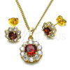 Oro Laminado Earring and Pendant Adult Set, Gold Filled Style Flower and Cluster Design, with Garnet and White Cubic Zirconia, Polished, Golden Finish, 10.199.0086.7