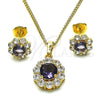Oro Laminado Earring and Pendant Adult Set, Gold Filled Style Flower and Cluster Design, with Dark Amethyst and White Cubic Zirconia, Polished, Golden Finish, 10.199.0086.8