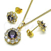 Oro Laminado Earring and Pendant Adult Set, Gold Filled Style Flower and Cluster Design, with Dark Amethyst and White Cubic Zirconia, Polished, Golden Finish, 10.199.0086.8