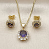 Oro Laminado Earring and Pendant Adult Set, Gold Filled Style Flower and Cluster Design, with Dark Amethyst and White Cubic Zirconia, Polished, Golden Finish, 10.199.0086.8