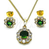 Oro Laminado Earring and Pendant Adult Set, Gold Filled Style Flower and Cluster Design, with Green and White Cubic Zirconia, Polished, Golden Finish, 10.199.0086.9
