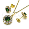 Oro Laminado Earring and Pendant Adult Set, Gold Filled Style Flower and Cluster Design, with Green and White Cubic Zirconia, Polished, Golden Finish, 10.199.0086.9