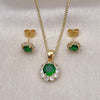 Oro Laminado Earring and Pendant Adult Set, Gold Filled Style Flower and Cluster Design, with Green and White Cubic Zirconia, Polished, Golden Finish, 10.199.0086.9