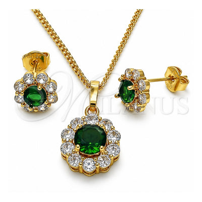 Oro Laminado Earring and Pendant Adult Set, Gold Filled Style Flower and Cluster Design, with Green and White Cubic Zirconia, Polished, Golden Finish, 10.199.0086.9