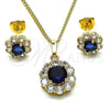 Oro Laminado Earring and Pendant Adult Set, Gold Filled Style Flower and Cluster Design, with Sapphire Blue and White Cubic Zirconia, Polished, Golden Finish, 10.199.0086.10