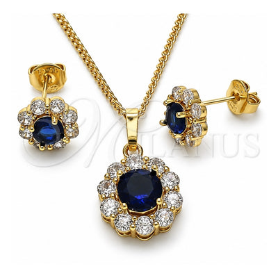 Oro Laminado Earring and Pendant Adult Set, Gold Filled Style Flower and Cluster Design, with Sapphire Blue and White Cubic Zirconia, Polished, Golden Finish, 10.199.0086.10