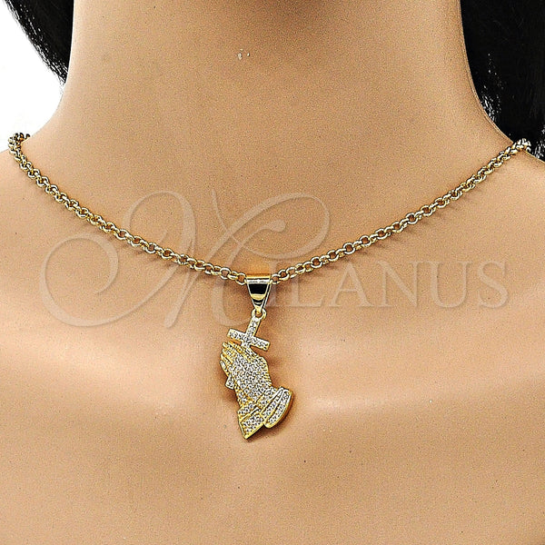 Oro Laminado Religious Pendant, Gold Filled Style Praying Hands and Cross Design, with White Micro Pave, Polished, Golden Finish, 05.342.0125