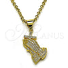 Oro Laminado Religious Pendant, Gold Filled Style Praying Hands and Cross Design, with White Micro Pave, Polished, Golden Finish, 05.342.0125