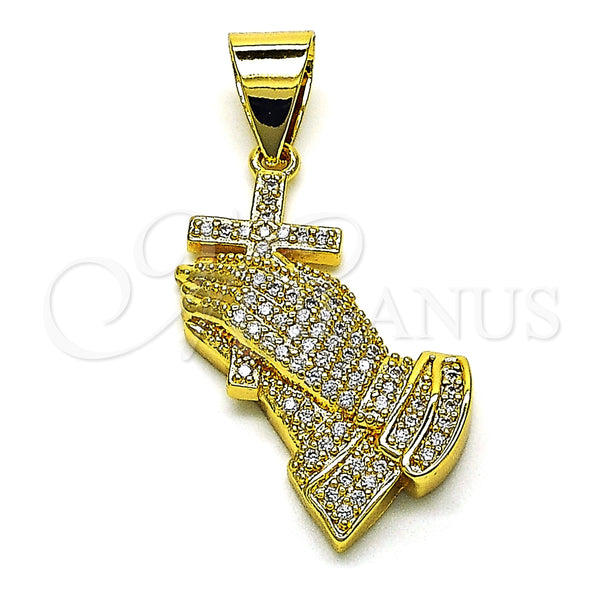 Oro Laminado Religious Pendant, Gold Filled Style Praying Hands and Cross Design, with White Micro Pave, Polished, Golden Finish, 05.342.0125