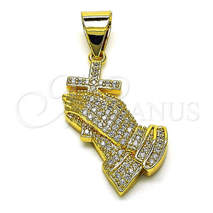 Oro Laminado Religious Pendant, Gold Filled Style Praying Hands and Cross Design, with White Micro Pave, Polished, Golden Finish, 05.342.0125
