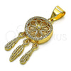 Oro Laminado Fancy Pendant, Gold Filled Style Flower and Leaf Design, with White Micro Pave, Polished, Golden Finish, 05.342.0132