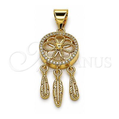 Oro Laminado Fancy Pendant, Gold Filled Style Flower and Leaf Design, with White Micro Pave, Polished, Golden Finish, 05.342.0132