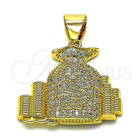 Oro Laminado Fancy Pendant, Gold Filled Style Money Sign Design, with White Micro Pave, Polished, Golden Finish, 05.342.0145
