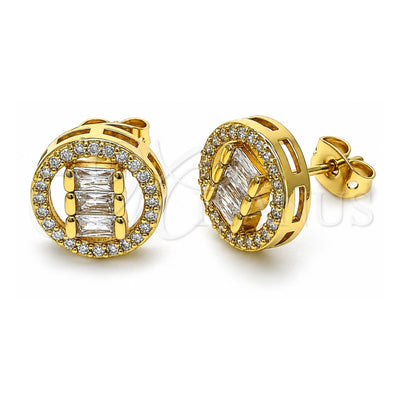 Oro Laminado Stud Earring, Gold Filled Style Baguette Design, with White Cubic Zirconia and White Micro Pave, Polished, Golden Finish, 02.342.0214