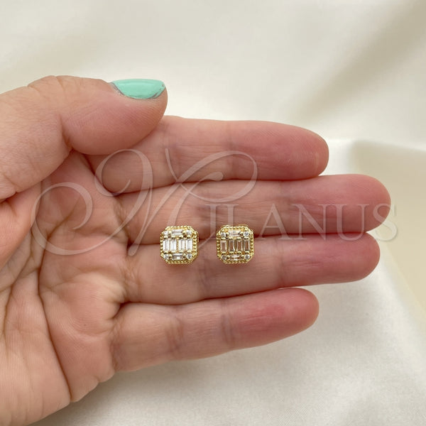 Oro Laminado Stud Earring, Gold Filled Style Baguette Design, with White Cubic Zirconia and White Micro Pave, Polished, Golden Finish, 02.342.0215