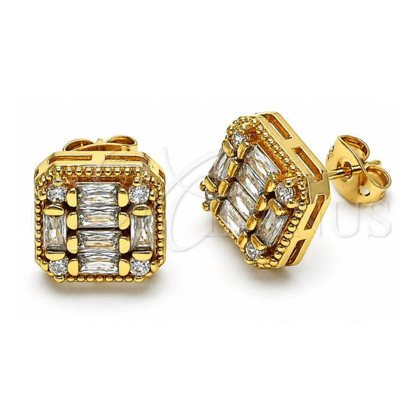 Oro Laminado Stud Earring, Gold Filled Style Baguette Design, with White Cubic Zirconia and White Micro Pave, Polished, Golden Finish, 02.342.0215