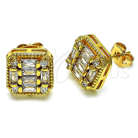 Oro Laminado Stud Earring, Gold Filled Style Baguette Design, with White Cubic Zirconia and White Micro Pave, Polished, Golden Finish, 02.342.0215