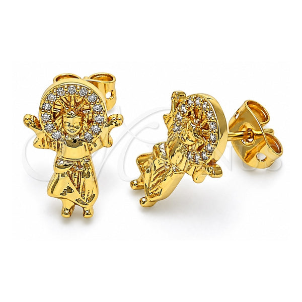 Oro Laminado Stud Earring, Gold Filled Style Divino NiÃ±o Design, with White Micro Pave, Polished, Golden Finish, 02.342.0218