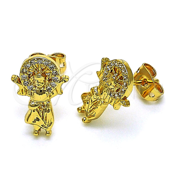 Oro Laminado Stud Earring, Gold Filled Style Divino NiÃ±o Design, with White Micro Pave, Polished, Golden Finish, 02.342.0218