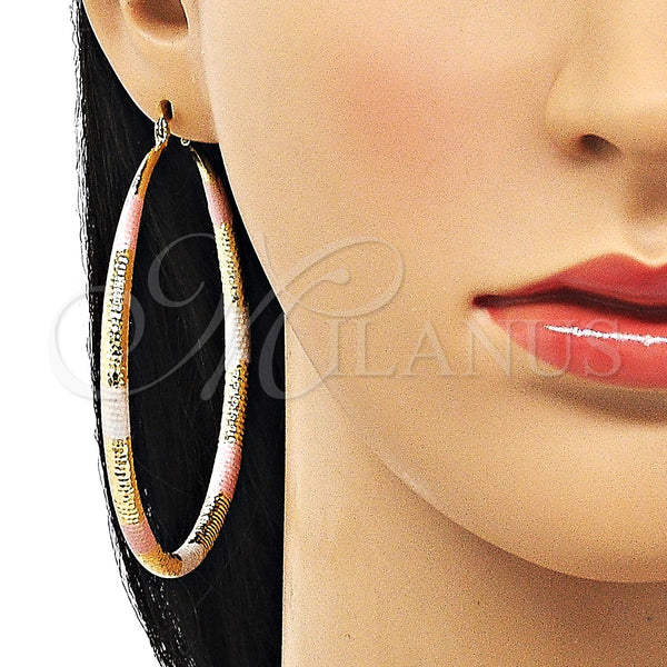 Gold Filled Hoop Earrings — Extra Large Hoop Hollow Design Diamond Cutting Tricolor — alternate product view — SKU 150708 | Oro Laminado aretes de aro — Extra Large Hoop Hollow diseño Diamond Cutting Tricolor — SKU 150708