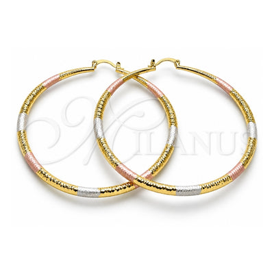 Oro Laminado Extra Large Hoop, Gold Filled Style Hollow Design, Diamond Cutting Finish, Tricolor, 02.213.0439.1.70