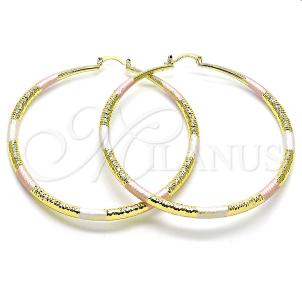 Gold Filled Hoop Earrings — Extra Large Hoop Hollow Design Diamond Cutting Tricolor — main product view — SKU 150708 | Oro Laminado aretes de aro — Extra Large Hoop Hollow diseño Diamond Cutting Tricolor — SKU 150708