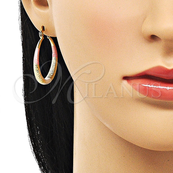 Gold Filled Hoop Earrings — Medium Hoop Hollow Design Diamond Cutting Tricolor 02. — alternate product view — SKU 150712 | Oro Laminado aretes de aro — Medium Hoop Hollow diseño Diamond Cutting Tricolor 02. — SKU 150712