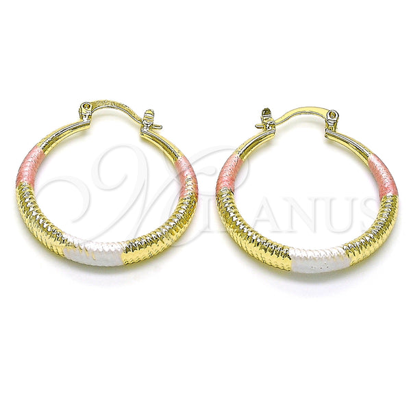 Gold Filled Hoop Earrings — Medium Hoop Hollow Design Diamond Cutting Tricolor 02. — main product view — SKU 150712 | Oro Laminado aretes de aro — Medium Hoop Hollow diseño Diamond Cutting Tricolor 02. — SKU 150712