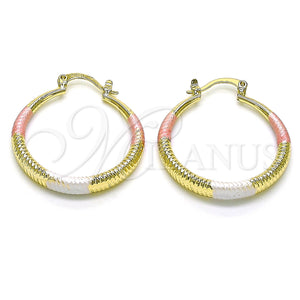Gold Filled Hoop Earrings — Medium Hoop Hollow Design Diamond Cutting Tricolor 02. — main product view — SKU 150712 | Oro Laminado aretes de aro — Medium Hoop Hollow diseño Diamond Cutting Tricolor 02. — SKU 150712