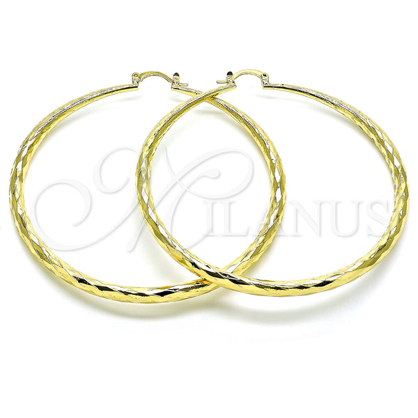 Gold Filled Hoop Earrings — Extra Large Hoop Hollow Design Diamond Cutting 02. — main product view — SKU 150717 | Oro Laminado aretes de aro — Extra Large Hoop Hollow diseño Diamond Cutting 02. — SKU 150717