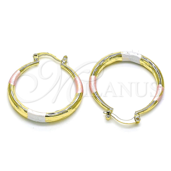 Gold Filled Hoop Earrings — Medium Hoop Hollow Design Diamond Cutting Tricolor 02. — alternate product view — SKU 150718 | Oro Laminado aretes de aro — Medium Hoop Hollow diseño Diamond Cutting Tricolor 02. — SKU 150718
