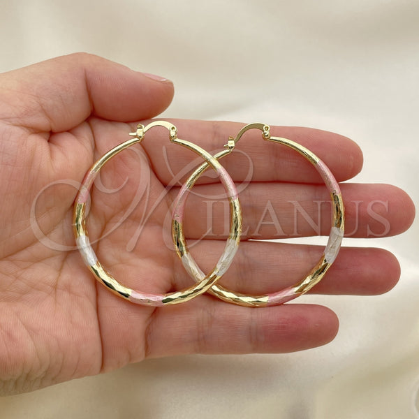 Gold Filled Hoop Earrings — Large Hoop Hollow Design Diamond Cutting Tricolor 02. — alternate product view — SKU 150719 | Oro Laminado aretes de aro — Large Hoop Hollow diseño Diamond Cutting Tricolor 02. — SKU 150719
