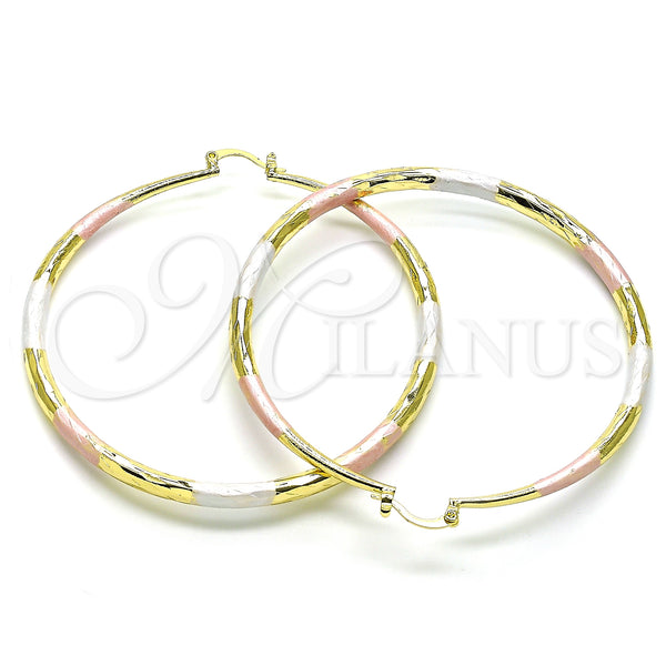 Gold Filled Hoop Earrings — Extra Large Hoop Hollow Design Diamond Cutting Tricolor — main product view — SKU 150720 | Oro Laminado aretes de aro — Extra Large Hoop Hollow diseño Diamond Cutting Tricolor — SKU 150720