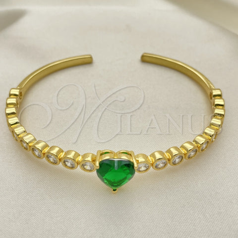 Oro Laminado Individual Bangle, Gold Filled Style Heart Design, with Green and White Cubic Zirconia, Polished, Golden Finish, 07.341.0040 (05 MM Thickness, One size fits all)